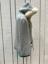 Load image into Gallery viewer, Vintage James Bay100% wool grey northern parka with fox fur trimmed hood, zipper closure, zip front pockets, leather trimmed cuffs, drawstring at waist, quilted lining and felt applique in a seal motif.

Made in Canada
Chest 44”
