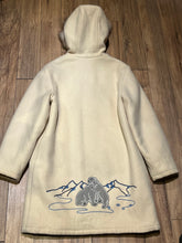 Load image into Gallery viewer, Vintage Gemini Fashions 100% pure virgin wool white northern parka with zipper closer, two front pocket, quilted lining, fox fur trimmed hood and hand embroidered polar bear design

Made in Canada
Chest 44”
