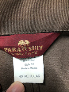 Kingspier Vintage - Parasuit brown wrinkle resistant polyester/ cotton blend coveralls with adjustable belt, snap closures, elastic at the back of the waist, two patch pockets on the chest, front and back. Made in Mexico. Size 46 Regular.