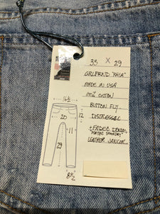 GRLFRND Rhea Denim Jeans - 33”x29”  High rise  Button fly  Slight taper in the leg.  100% Cotton  Light wash  Distressed  Made in USA - Kingspier Vintage