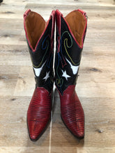 Load image into Gallery viewer, Kingspier Vintage - Nine West cowboy boots in black leather and red croc-embossed leather. The boot features a star motif with multi-coloured stitching.

Size 6 Womens

The leather uppers and soles are in excellent condition.
