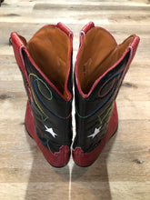 Load image into Gallery viewer, Kingspier Vintage - Nine West cowboy boots in black leather and red croc-embossed leather. The boot features a star motif with multi-coloured stitching.

Size 6 Womens

The leather uppers and soles are in excellent condition.
