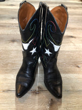 Load image into Gallery viewer, Kingspier Vintage - Nine West cowboy boots in black leather and black croc-embossed leather. The boot features a star motif with multi-coloured stitching.

Size 6.5 Womens

The leather uppers have a few loose threads in the stitching and soles are in great condition.
