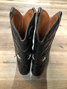 Kingspier Vintage - Nine West cowboy boots in black leather and black croc-embossed leather. The boot features a star motif with multi-coloured stitching.

Size 6.5 Womens

The leather uppers have a few loose threads in the stitching and soles are in great condition.