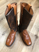 Load image into Gallery viewer, Kingspier Vintage - Vintage Boulet leather square toe cowboy boot with two tone brown leather upper and oil resistant heel. Made in Canada.

Size 7.5 Womens

The leather uppers and soles are in excellent condition.

