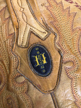 Load image into Gallery viewer, Kingspier Vintage - Norteno tan ostrich leather cowboy boots with decorative stitching, Norteno logo on the sides. Made in the USA.

Size 28.5 Womens

The leather uppers and soles are in good condition with some general wear all over.

