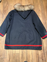 Load image into Gallery viewer, Vintage 80’s Grenfell Handicrafts navy blue northern parka with 100% cotton shell, wool lining,zipper closure,two patch pockets, fur trimmed hood and hand embroidered snowshoeing details.

Handmade in Canada
Chest 54”
