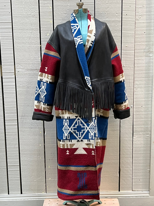 Vintage TA Branded Santa Fe/ Southwest style wool coat with deerskin fringe, leather cuffs and natural horn buttons.