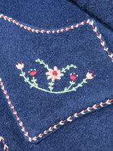 Load image into Gallery viewer, Vintage blue wool northern parka with zipper closures, two patch pockets, white fur trimmed hood, hand embroidered flower details and an embroidered bird on the back. 

Chest 42”
