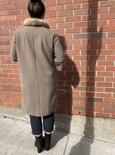 Load image into Gallery viewer, Vintage 1940s/ 1950s Monarch Wool Coat in taupe with ¾ sleeve and fur trimmed princess collar. Large covered buttons, satin lining, empire waist and handwarmer pockets. Fits like a medium - Kingspier Vintage

