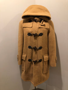 Kingspier Vintage - Deadstock Hudson’s Bay Company duffle coat in camel with wooden toggles, flap pockets, zipper closures and hood.

