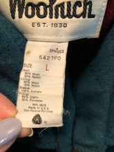 Load image into Gallery viewer, Kingspier Vintage - Vintage Woolrich wool blend bomber style jacket in teal with plaid lining, zipper closure, two front pockets and knit cuffs. The shell is 80% wool/ 20% nylon.

Made in USA
Size Large
