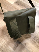 Load image into Gallery viewer, Kingspier Vintage - Deadstock Dutch military issue shoulder bag in dark olive made with waterproof PVC. This bag features a divided main compartment with protective inside flaps that ties in the center and an adjustable canvas shoulder strap.
