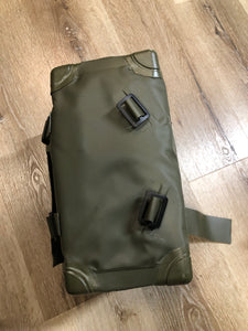 Kingspier Vintage - Deadstock Dutch military issue shoulder bag in dark olive made with waterproof PVC. This bag features a divided main compartment with protective inside flaps that ties in the center and an adjustable canvas shoulder strap.