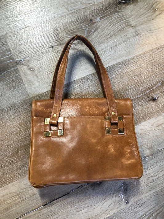 Kingspier Vintage - Jordan Marsh tan leather handbag with gold hardware and three inside compartments.