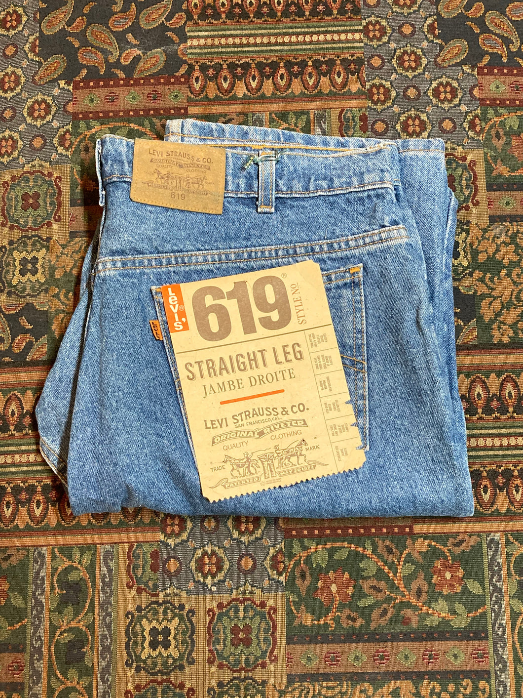 Levi’s 619 Denim Jeans, new with tags  Vintage Deadstock  Orange Tab  High Waist  Straight leg  Labeled 38”x32”  Button stamped “C63”  Made in Canada - Kingspier Vintage