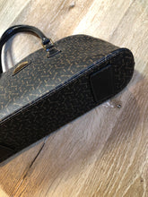 Load image into Gallery viewer, Kingspier Vintage - Maskof black printed leather handbag with three inside compartments.

