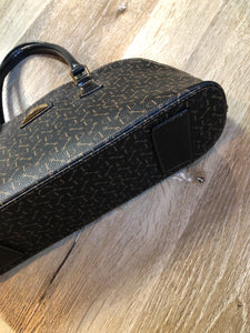 Kingspier Vintage - Maskof black printed leather handbag with three inside compartments.
