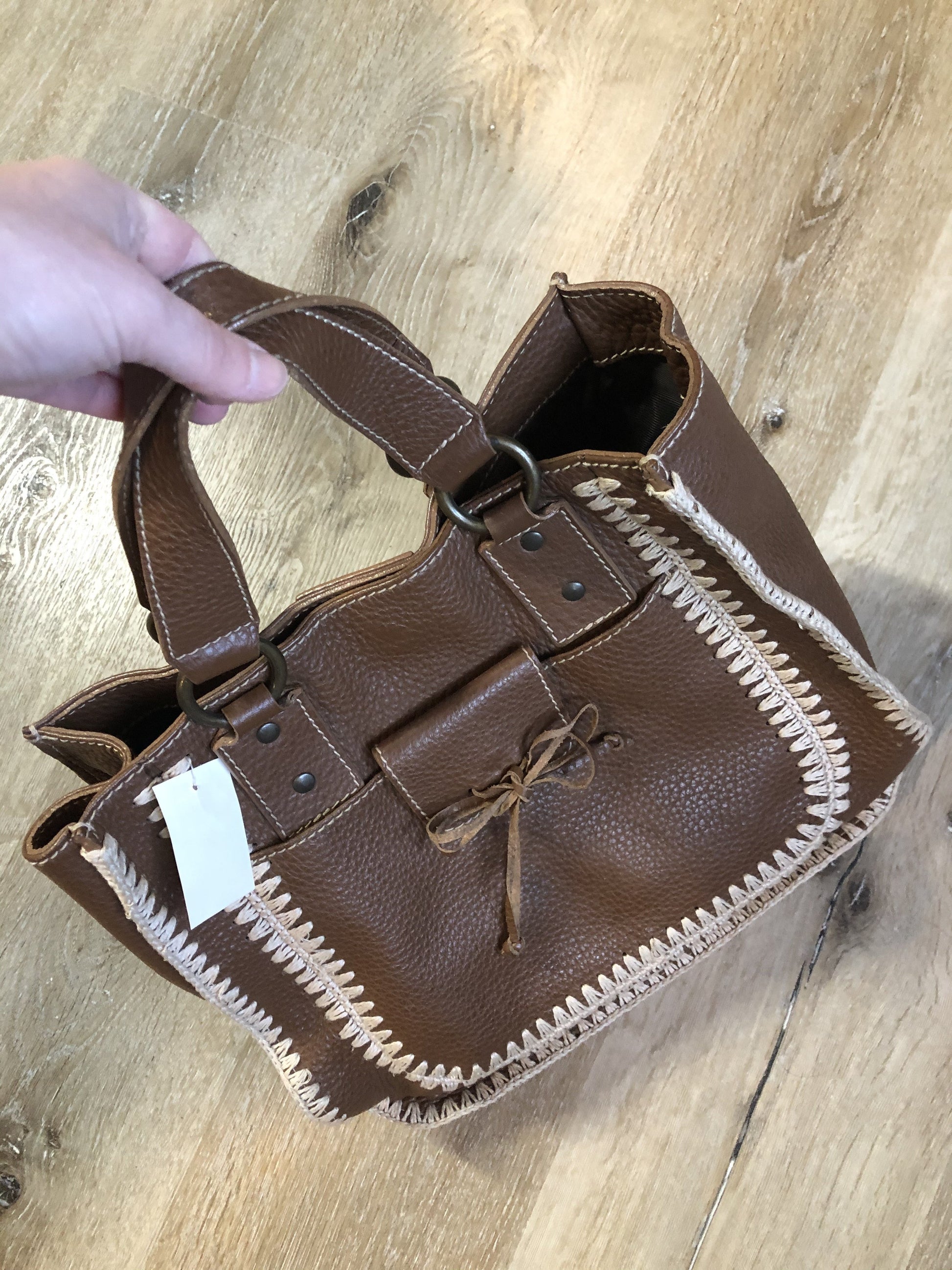 Kingspier Vintage - Russell and Brommley brown pebble leather handbag with decorative stitching one inside compartment
