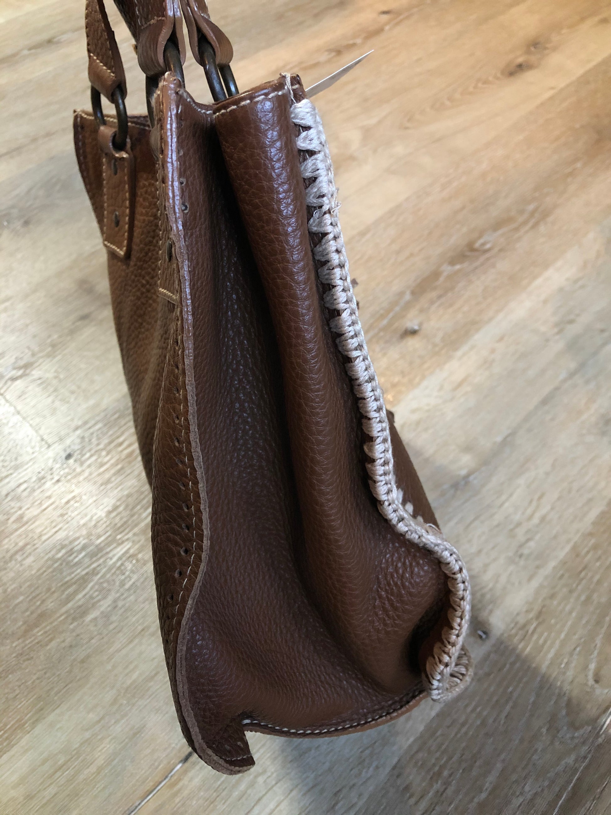 Kingspier Vintage - Russell and Brommley brown pebble leather handbag with decorative stitching one inside compartment
