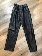 Load image into Gallery viewer, Kingspier Vintage - Black leather highrise pleated pants with tapered leg and front pockets
