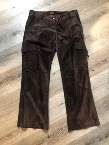 Kingspier Vintage - Danier brown suede straight leg cargo pants with snap closures, front and back pockets and side pockets