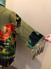 Load image into Gallery viewer, Kingspier Vintage - Vintage Amis. A 100% silk with velvet overlay duster with koi fish design and glass bead tassels and embellishments.
