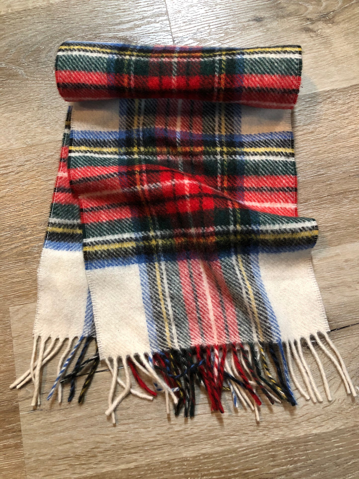 Kingspier Vintage - Vintage Shetland white, red, black, blue and yellow plaid wool scarf.
