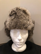 Load image into Gallery viewer, Kingspier Vintage - Vintage Crown Cap grey rabbit fur and navy wool blend trapper hat with quilted lining. Made in Manitoba, Canada. Size Medium.

This hat is in excellent condition.
