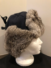 Load image into Gallery viewer, Kingspier Vintage - Vintage Crown Cap grey rabbit fur and navy wool blend trapper hat with quilted lining. Made in Manitoba, Canada. Size Medium.

This hat is in excellent condition.
