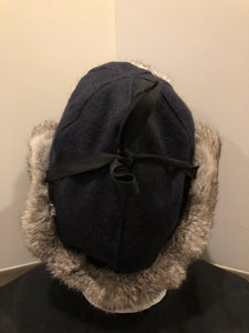 Kingspier Vintage - Vintage Crown Cap grey rabbit fur and navy wool blend trapper hat with quilted lining. Made in Manitoba, Canada. Size Medium.

This hat is in excellent condition.