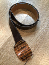 Load image into Gallery viewer, Kingspier Vintage - Dark brown textured leather belt with large marble look resin buckle.
