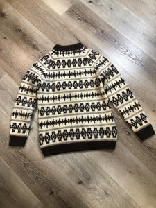 Kingspier Vintage - Vintage Joanne Knitwear 100% wool crewneck sweater with brown and beige fair isle design. 

Made in Ayrshire, Scotland.