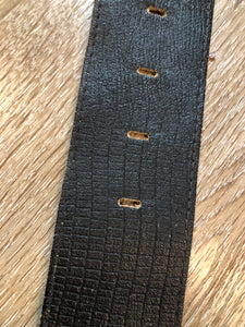 Kingspier Vintage - Black croc-embossed leather belt with brass buckle. 
