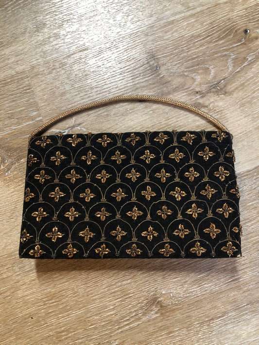 Kingspier Vintage - Handmade black velvet evening bag with gold beading and beaded hand strap on the back