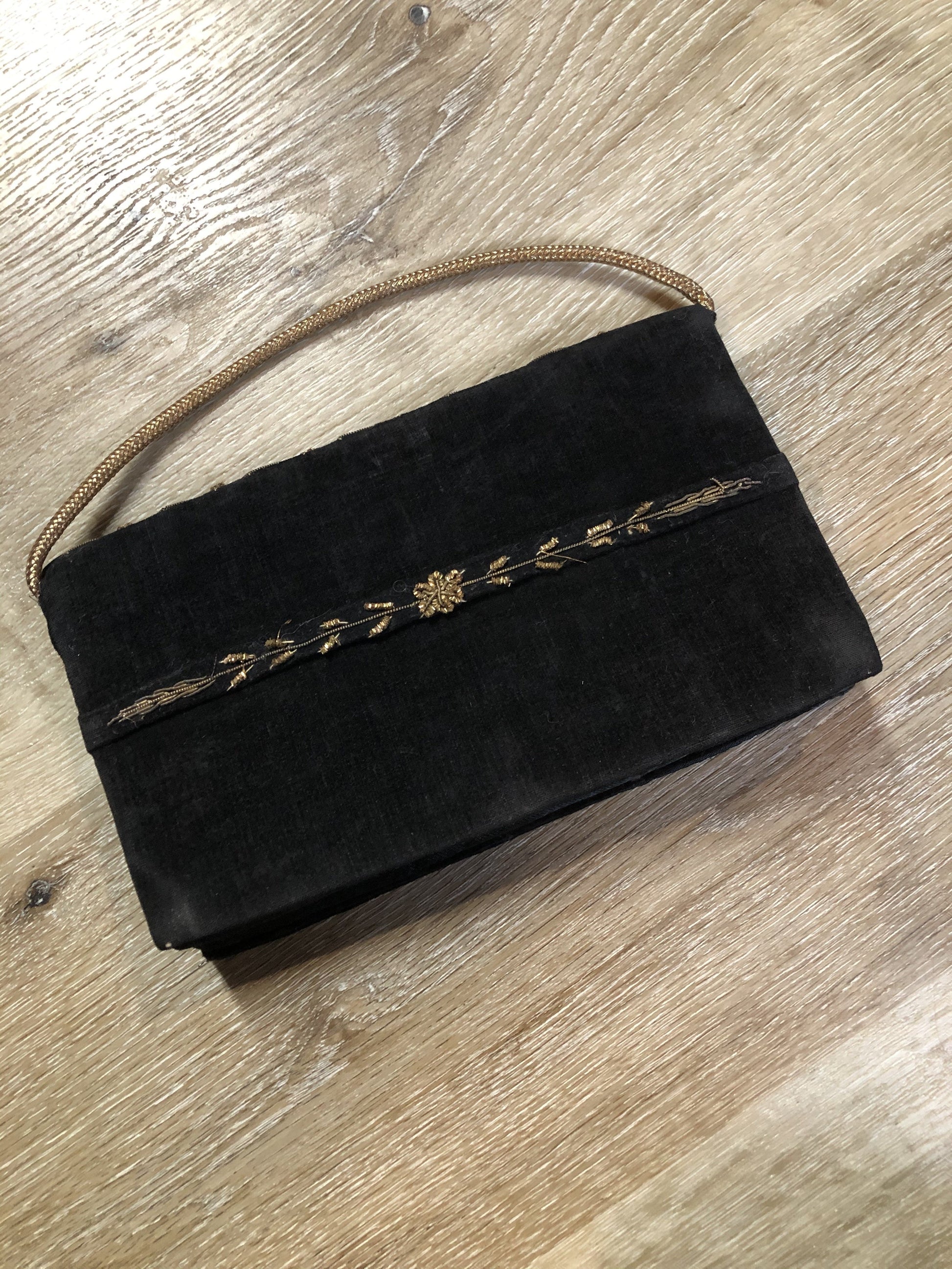 Kingspier Vintage - Handmade black velvet evening bag with gold beading and beaded hand strap on the back 
