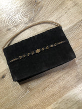 Load image into Gallery viewer, Kingspier Vintage - Handmade black velvet evening bag with gold beading and beaded hand strap on the back 

