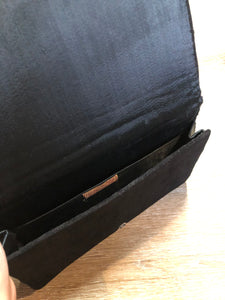 Kingspier Vintage - Handmade black velvet evening bag with gold beading and beaded hand strap on the back 

