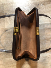 Load image into Gallery viewer, Kingspier Vintage - Dark brown smooth leather hard shell handbag with brass hardware and suede lining.
