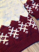 Load image into Gallery viewer, Kingspier Vintage - Vintage hand-knit crewneck sweater with a unique cream and burgundy pattern. 

Made in Nova Scotia, Canada.
Size large.
