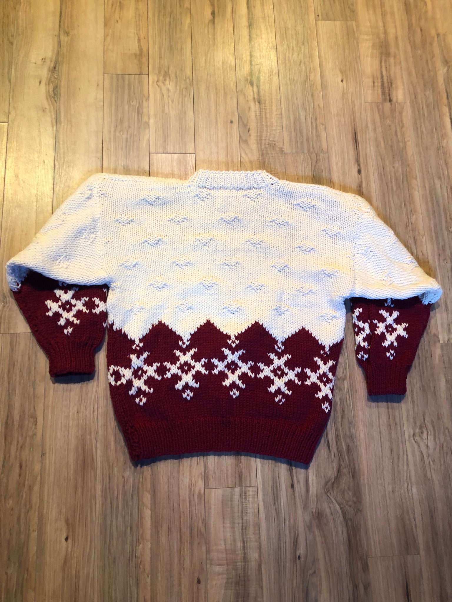 Vintage Hand-Knit burgundy and white wool sweater, Made in Nova