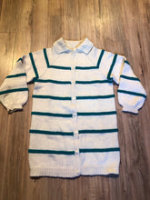Load image into Gallery viewer, Kingspier Vintage - Vintage 70’s hand-knit 100% wool long cardigan with button closures and dark green stripes.

Made in Canada.
Size large.
