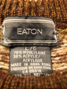 Kingspier Vintage - Vintage eaton 70% wool/ 30% acrylic blend crewneck sweater with Norwegian design in brown, green and white.

Size large.