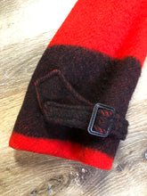 Load image into Gallery viewer, Kingspier Vintage - Hudson’s Bay Company red and black stripe 100% virgin wool point blanket coat in a swing coat style with belt, buckle detail at the collar, button closures, slash pockets and red lining. Size medium/ large.

