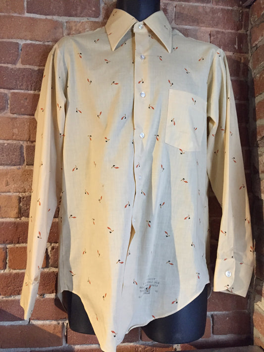 Kingspier Vintage - Vintage Arrow button up shirt in salmon, black, mustard and orange design. Made in Canada. Mens size medium.