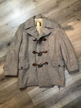 Load image into Gallery viewer, Kingspier Vintage - Wild Woods grey wool duffle coat with wooden toggles and zip closures, patch pockets, Sherpa and quilted lining. Made in Canada.


