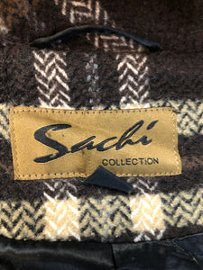 Kingspier Vintage - Sachi brown plaid wool blend duffle coat with dark brown Finnish fox fur trimmed hood, toggle and zip closures and vertical pockets. Size small/ medium.


