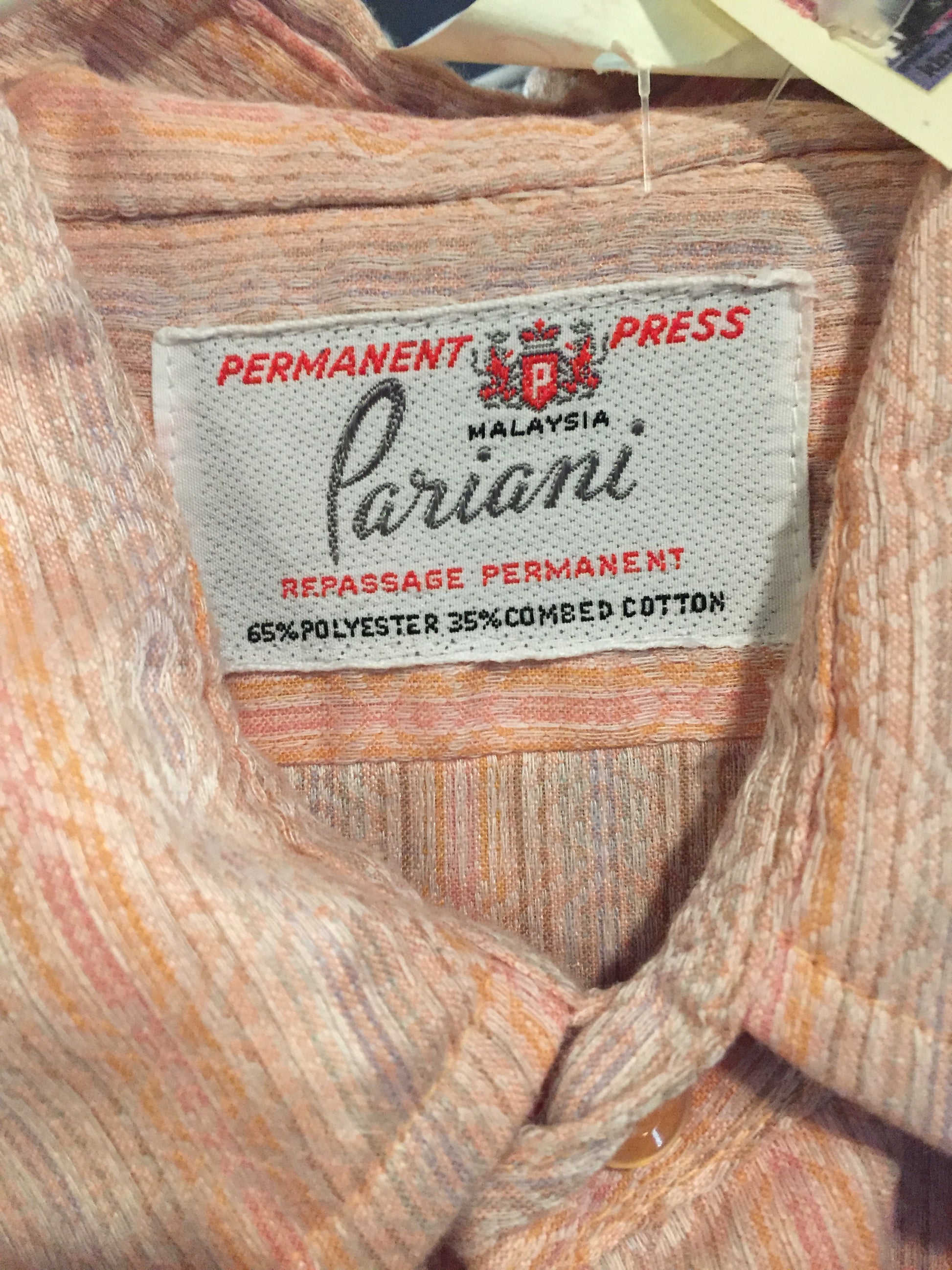 Kingspier Vintage - Pariani pink, orange, grey diamond and stripe pattern button up Tuxedo shirt. Mens size large.
