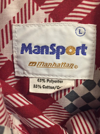 Kingspier Vintage - Mansport red, white and black checkerboard/ stripe and diamond pattern button up shirt. Cotton blend shirt. Mens size large.
