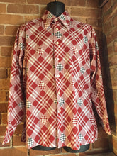 Load image into Gallery viewer, Kingspier Vintage - Mansport red, white and black checkerboard/ stripe and diamond pattern button up shirt. Cotton blend shirt. Mens size large.

